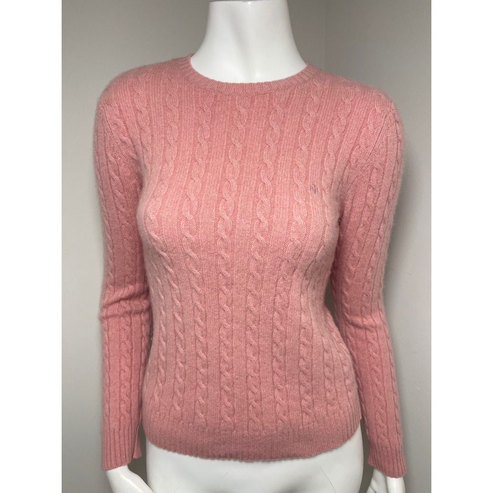 Ralph Lauren Pink Cable Knit Cashmere Crew Neck Sweater RL Monogram Womens XS